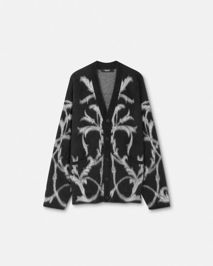 Acanthus Leaves MohairBlend Cardigan Black Men Versace Knitwear