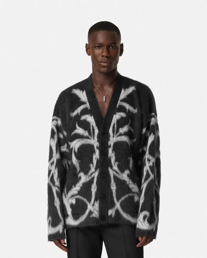 Acanthus Leaves MohairBlend Cardigan Black Men Versace Knitwear