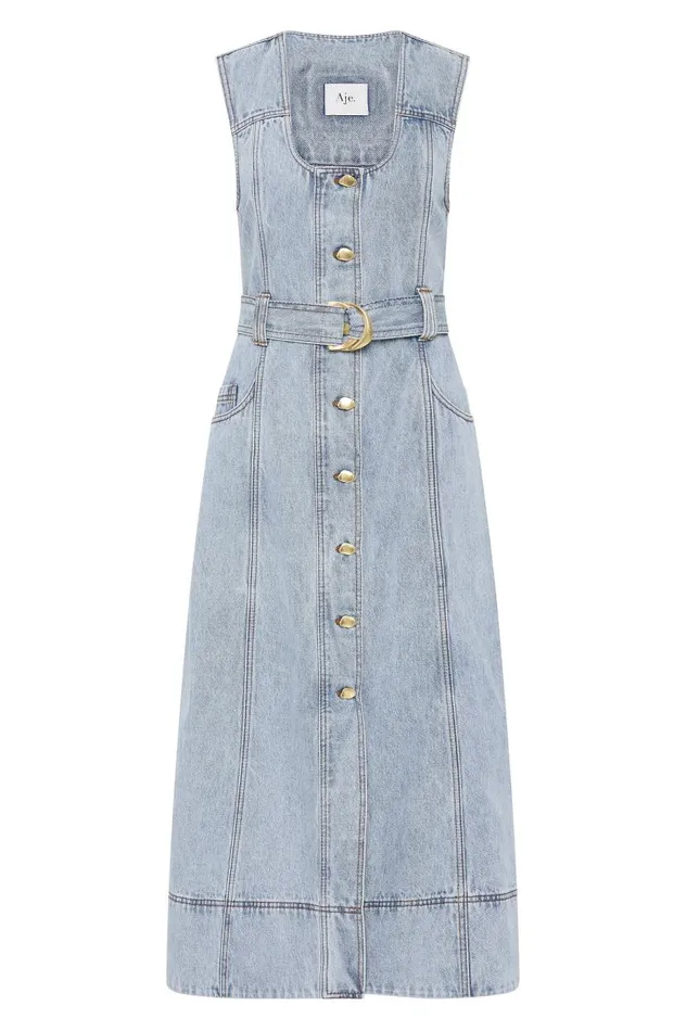 Aje Denim Aura Denim Midi Dress Sea Spray Wash 8211 Women