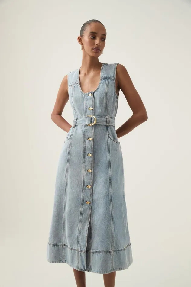 Aje Denim Aura Denim Midi Dress Sea Spray Wash 8211 Women