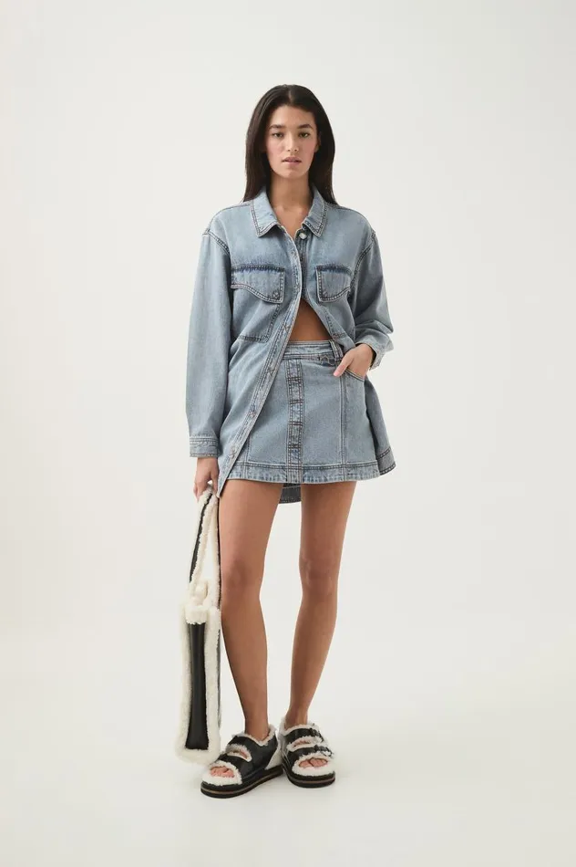 Aje Denim Corie Longline Denim Shirt Mum Wash 8211 Women