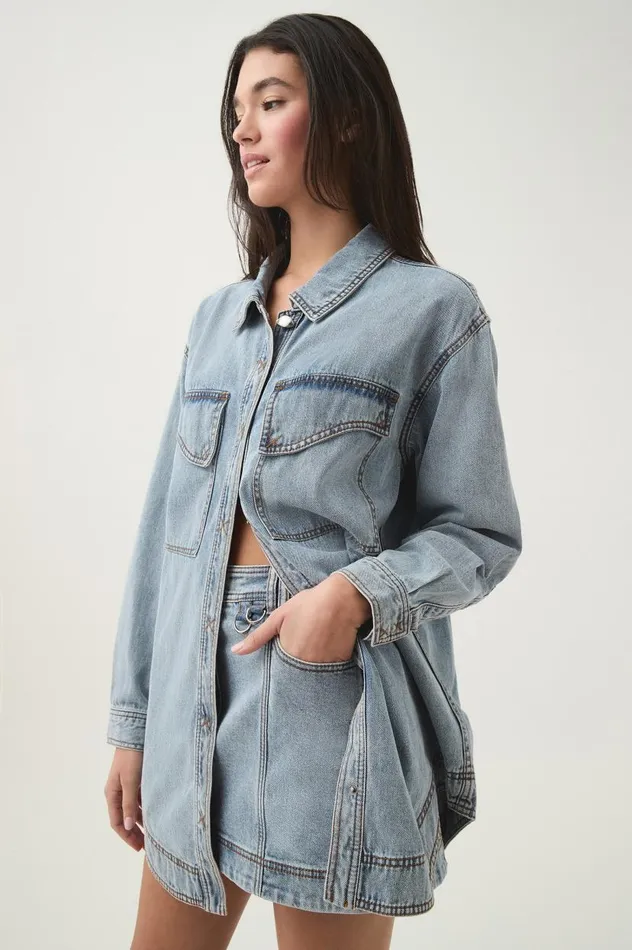 Aje Denim Corie Longline Denim Shirt Mum Wash 8211 Women
