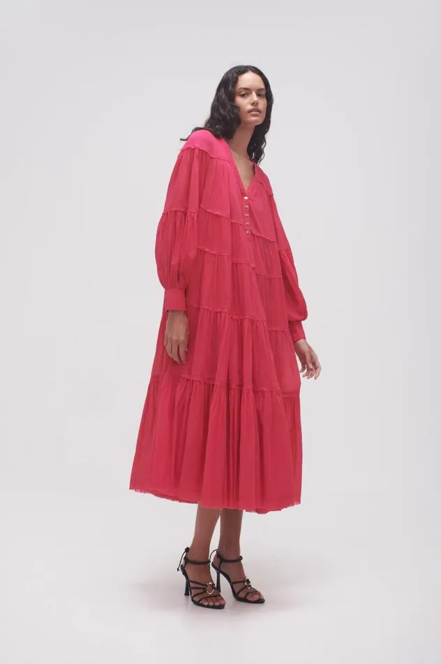 Aje Dresses Sally Tiered Plunge Midi Dress Hot Pink 8211 Women Aje Dresses Sally Tiered Plunge Midi Dress Hot Pink 8211 Women