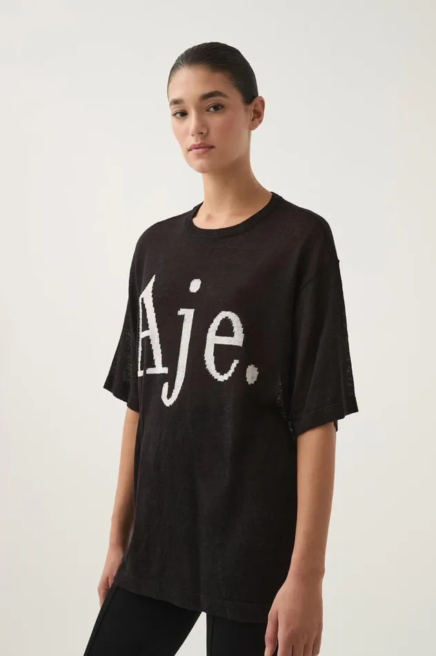Aje Tees Elvira Oversized Linen Tee Blackwhite Logo 8211 Women