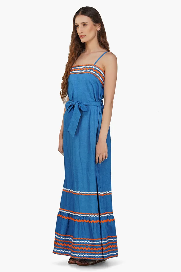 America and Beyond Azure Blue RickRack Maxi Dress Women Dresses