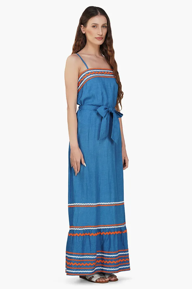 America and Beyond Azure Blue RickRack Maxi Dress Women Dresses