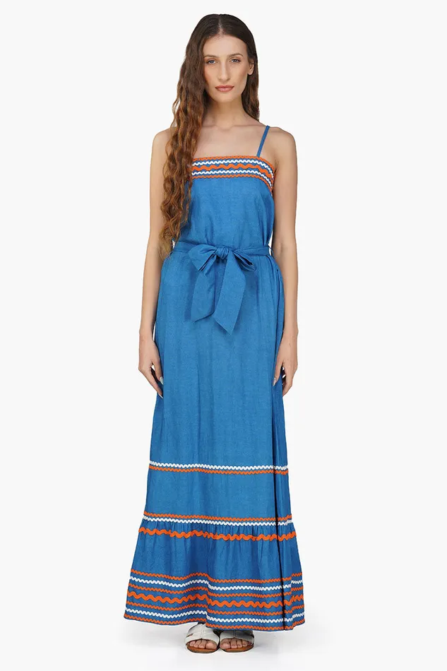 America and Beyond Azure Blue RickRack Maxi Dress Women Dresses