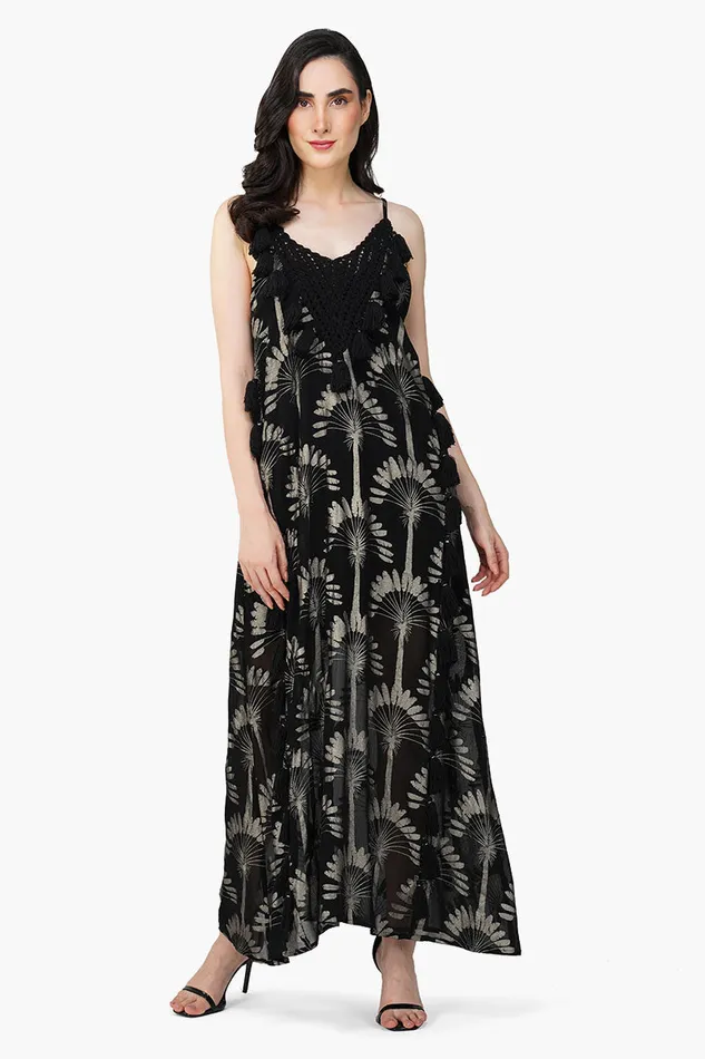 America and Beyond Dresses Women Silver Black Foil Printed Strap Maxi Dress