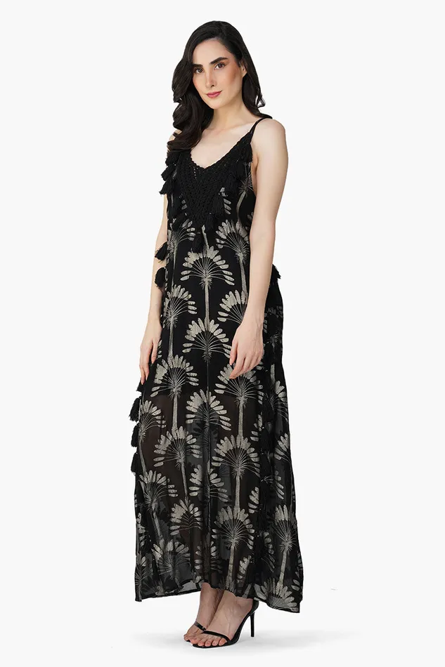 America and Beyond Dresses Women Silver Black Foil Printed Strap Maxi Dress