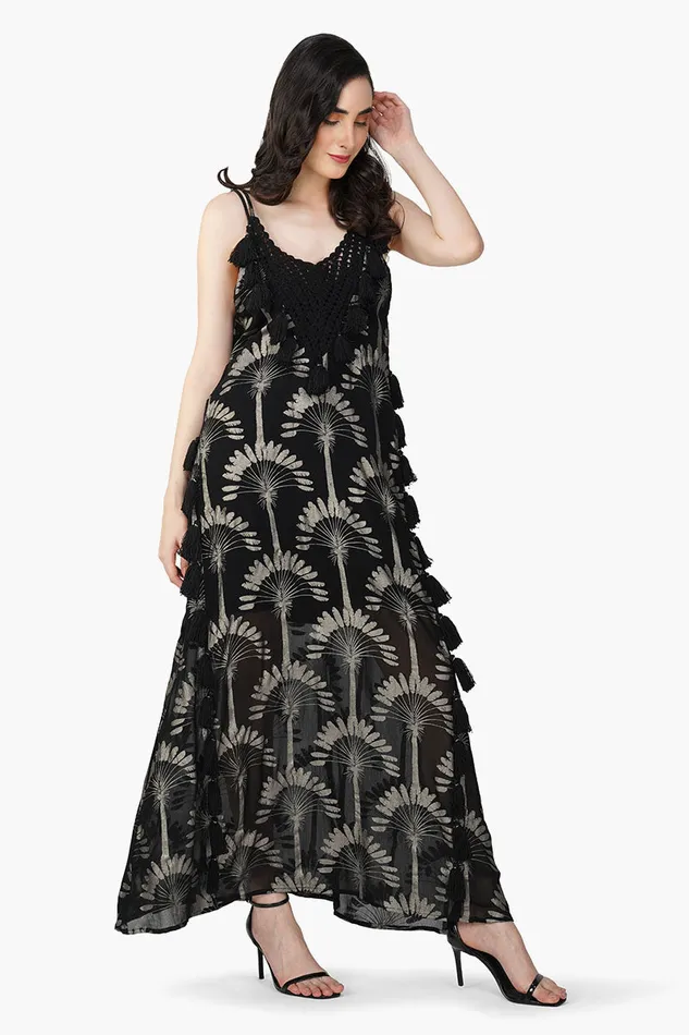 America and Beyond Dresses Women Silver Black Foil Printed Strap Maxi Dress