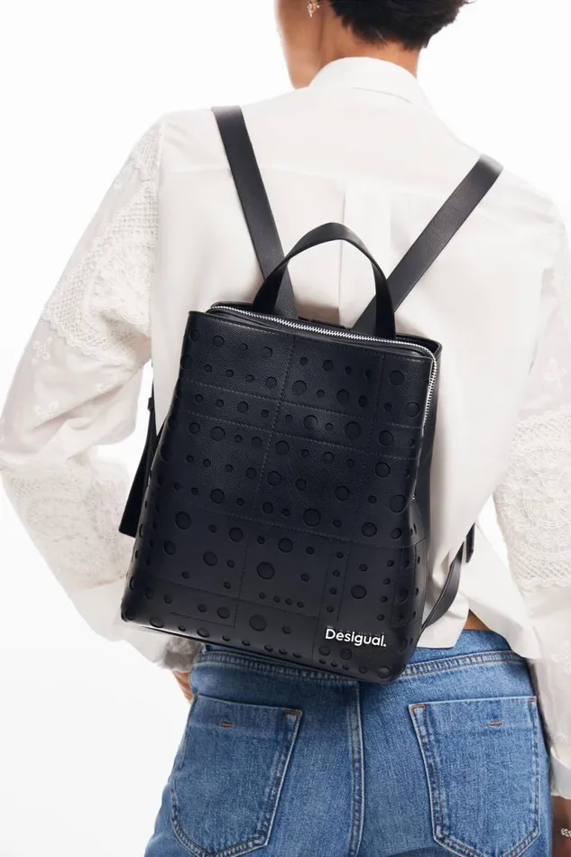 Backpacks Women Desigual Circle Pattern Faux Leather Backpack Black