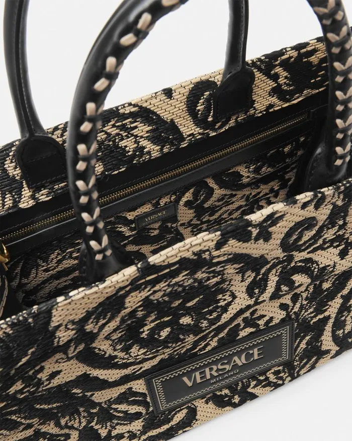 Barocco Athena Raffia Medium Tote Bag Blackprint WomenMen Versace Totes