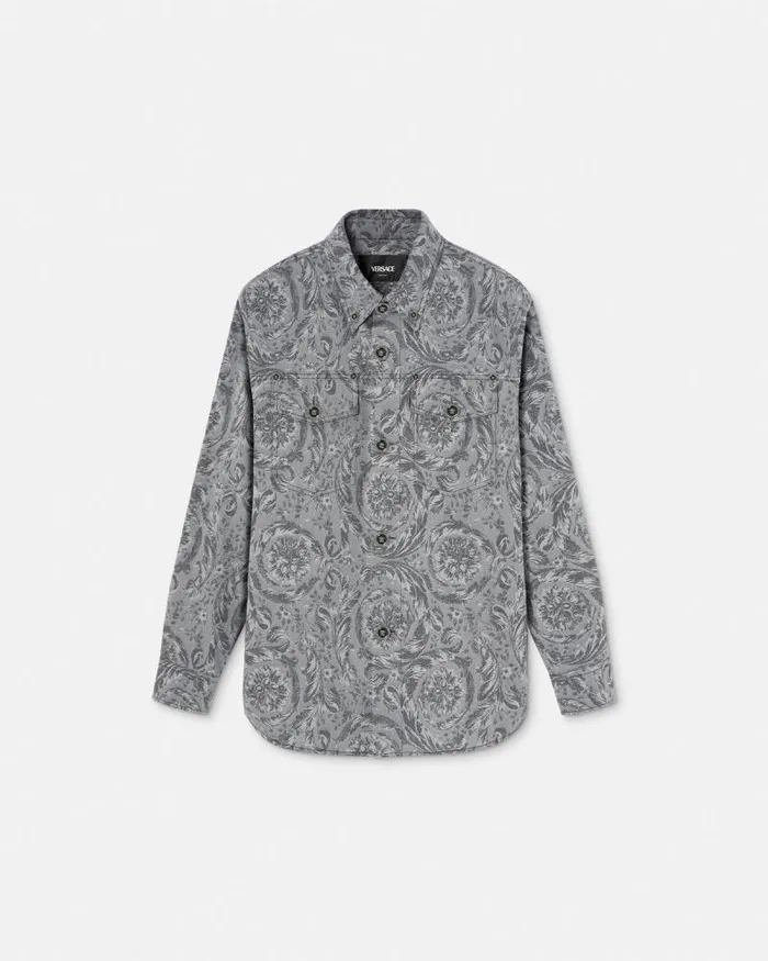 Barocco Jacquard Gabardine Overshirt Gray Men Versace Jackets and Coats