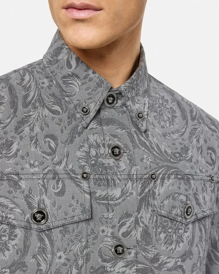 Barocco Jacquard Gabardine Overshirt Gray Men Versace Jackets and Coats