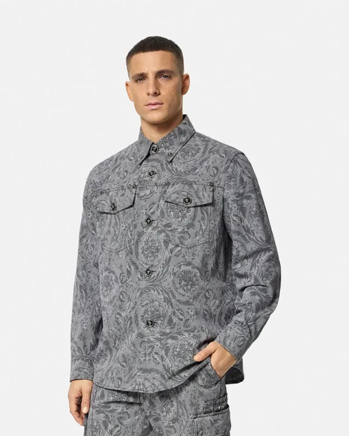 Barocco Jacquard Gabardine Overshirt Gray Men Versace Jackets and Coats