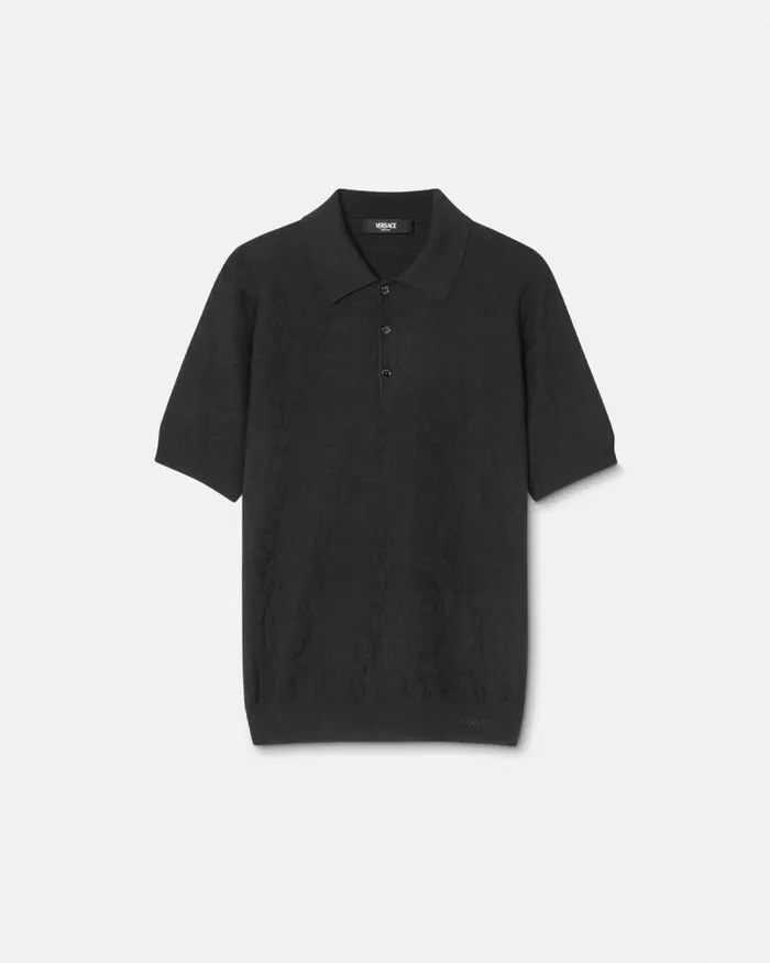 Barocco Knit Polo Shirt Black Men Versace Knitwear