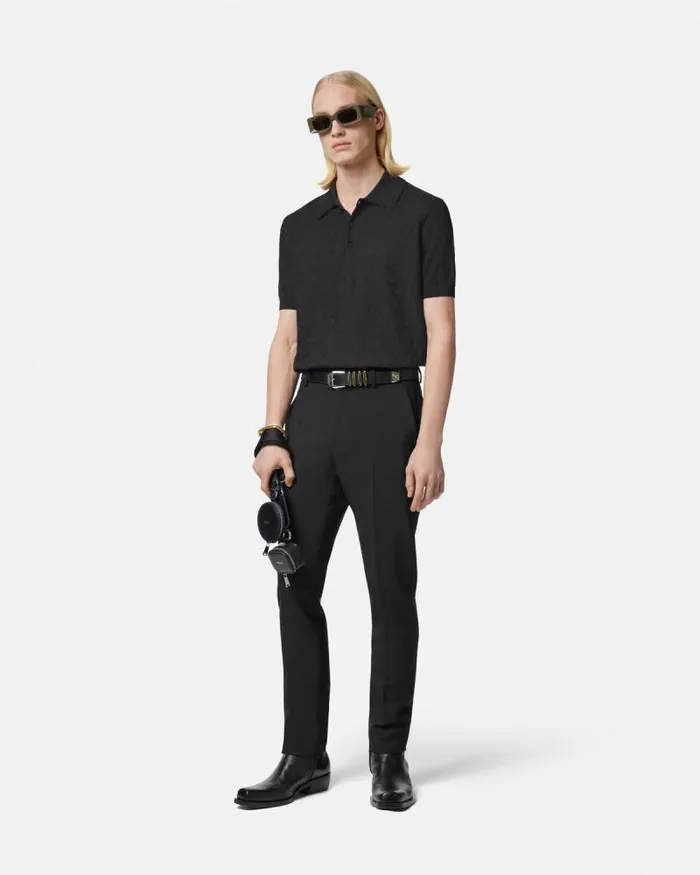 Barocco Knit Polo Shirt Black Men Versace Knitwear