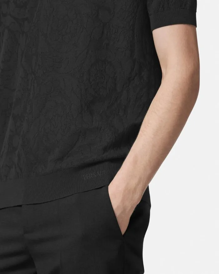 Barocco Knit Polo Shirt Black Men Versace Knitwear