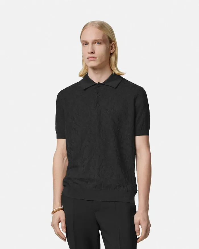 Barocco Knit Polo Shirt Black Men Versace Knitwear