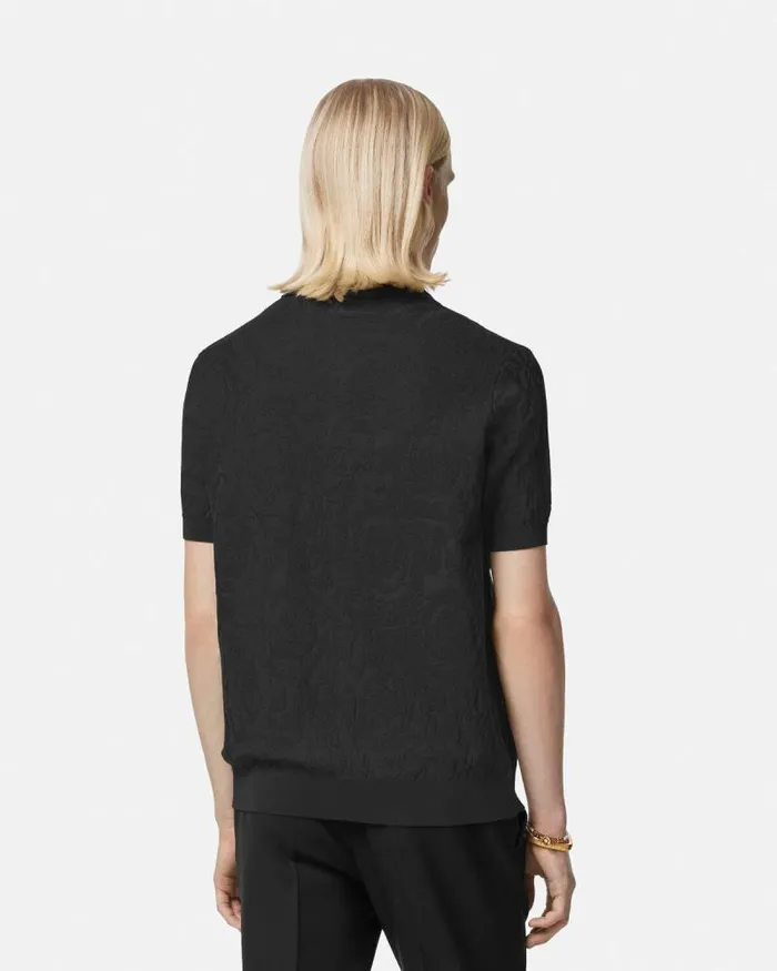 Barocco Knit Polo Shirt Black Men Versace Knitwear