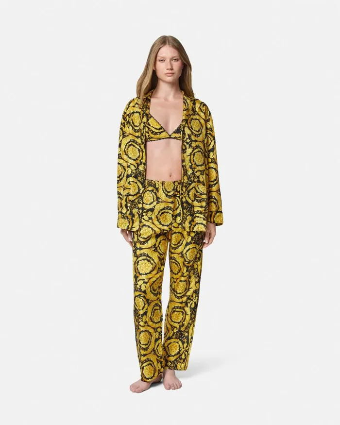 Barocco Print Silk Pyjama Bottoms Blackprint Women Versace Loungewear and Pajamas