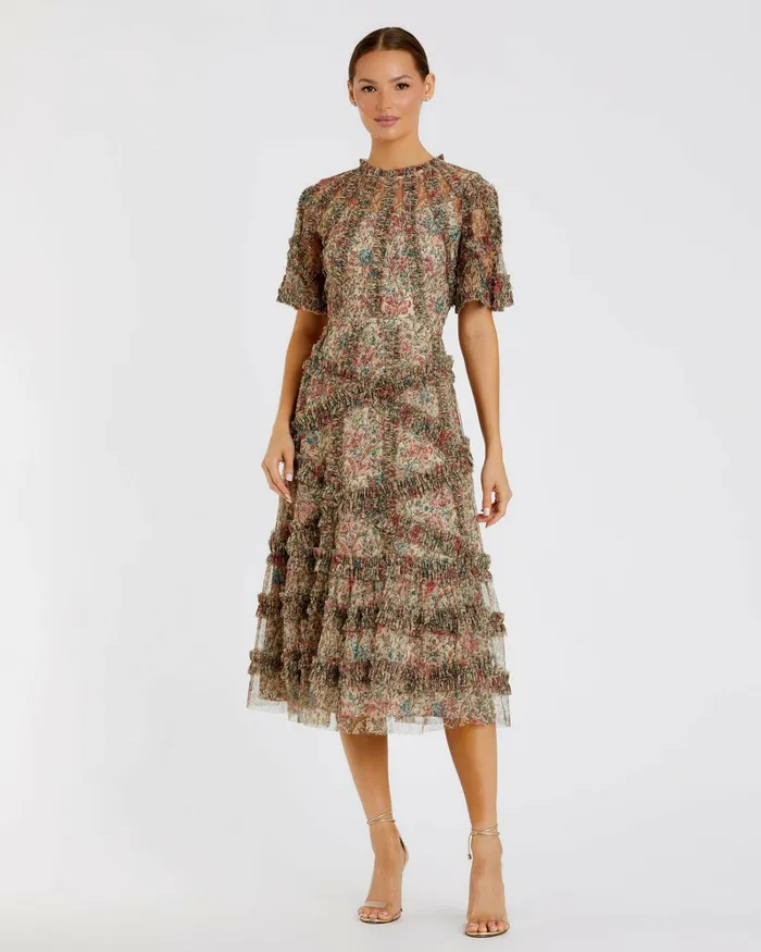 Beige Floral Flutter Sleeve Mesh Print Dress Beige Multi Daytime Dresses Mac Duggal Women Beige Floral Flutter Sleeve Mesh Print Dress Beige Multi Daytime Dresses Mac Duggal Women