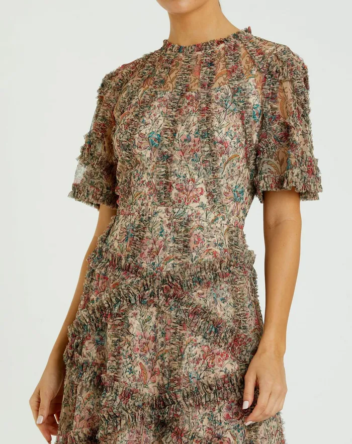 Beige Floral Flutter Sleeve Mesh Print Dress Beige Multi Daytime Dresses Mac Duggal Women