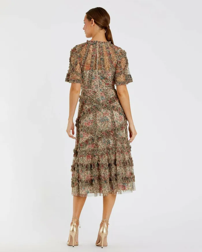 Beige Floral Flutter Sleeve Mesh Print Dress Beige Multi Daytime Dresses Mac Duggal Women