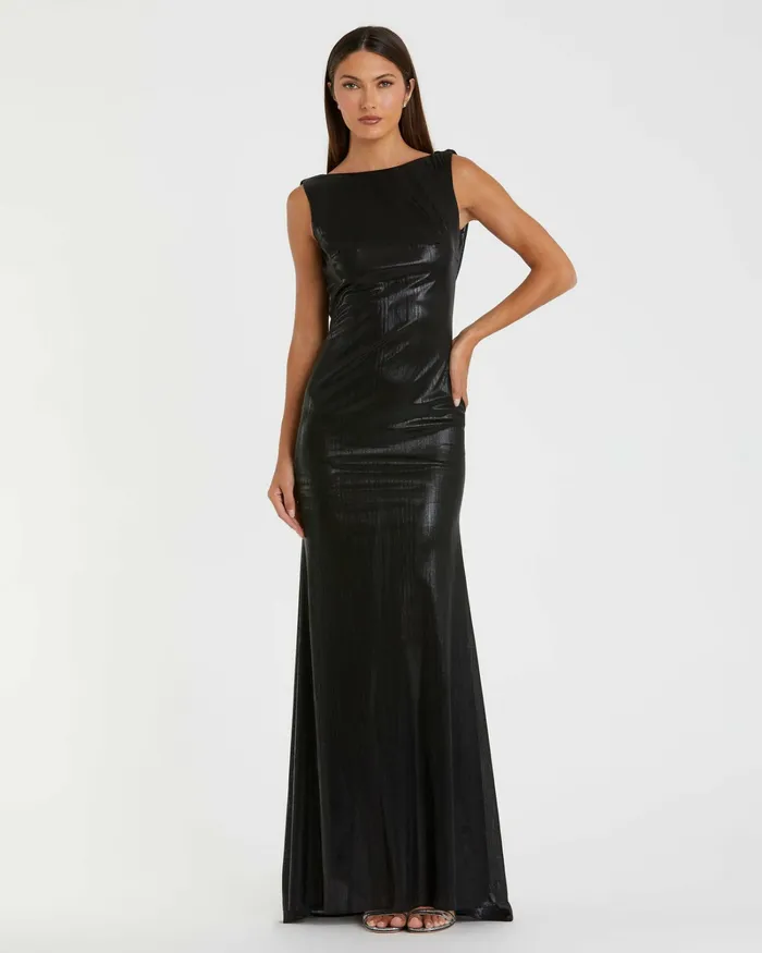 Best Sellers Black Metallic Jersey Cowl Back Column Gown Black Mac Duggal Women Best Sellers Black Metallic Jersey Cowl Back Column Gown Black Mac Duggal Women