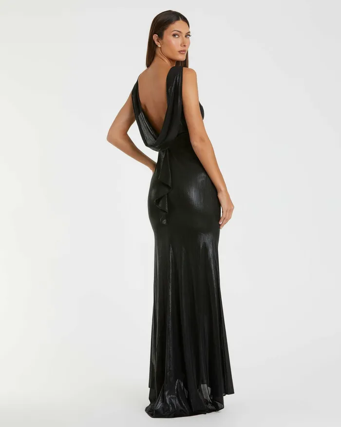 Best Sellers Black Metallic Jersey Cowl Back Column Gown Black Mac Duggal Women