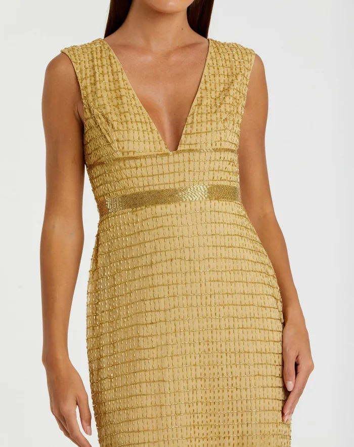 Best Sellers Gold Beaded Cap Sleeve V Neck Column Gown Gold 8211 Mac Duggal Women