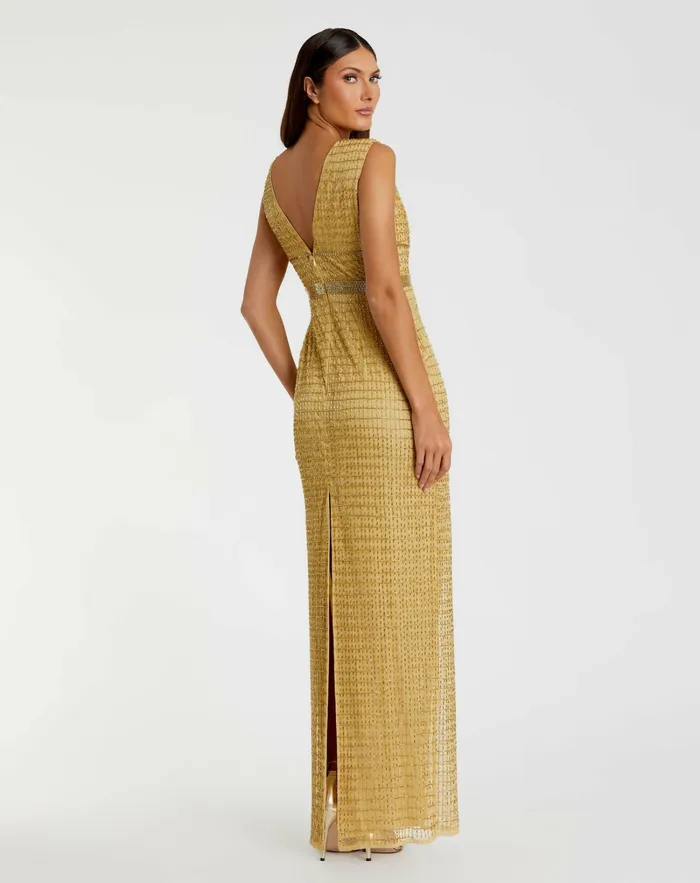 Best Sellers Gold Beaded Cap Sleeve V Neck Column Gown Gold 8211 Mac Duggal Women