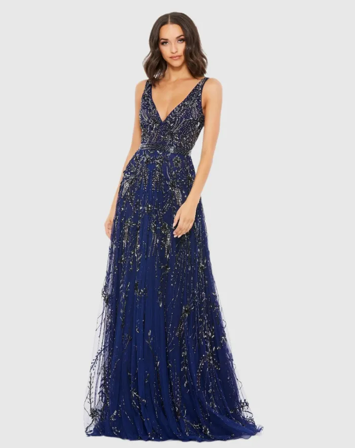 Best Sellers Mac Duggal Women VNeck Embellished Tulle Gown Midnight