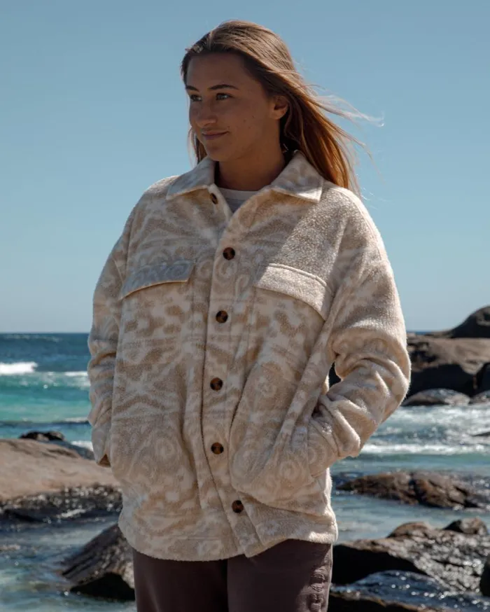 Billabong Happy Camper Shacket Button Sweater Wet Sand Womens Tops