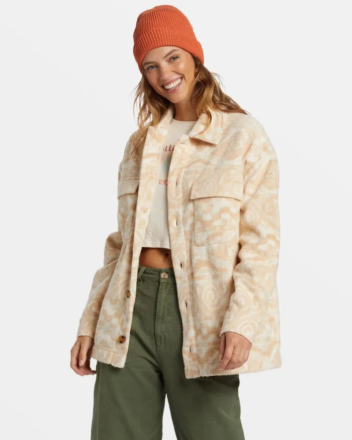 Billabong Happy Camper Shacket Button Sweater Wet Sand Womens Tops Billabong Happy Camper Shacket Button Sweater Wet Sand Womens Tops