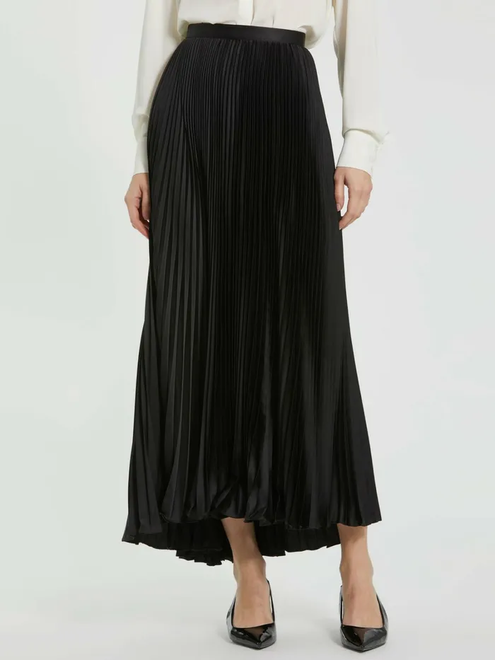 Black Ankle Length Satin Pleated Skirt Black Skirts Mac Duggal Women