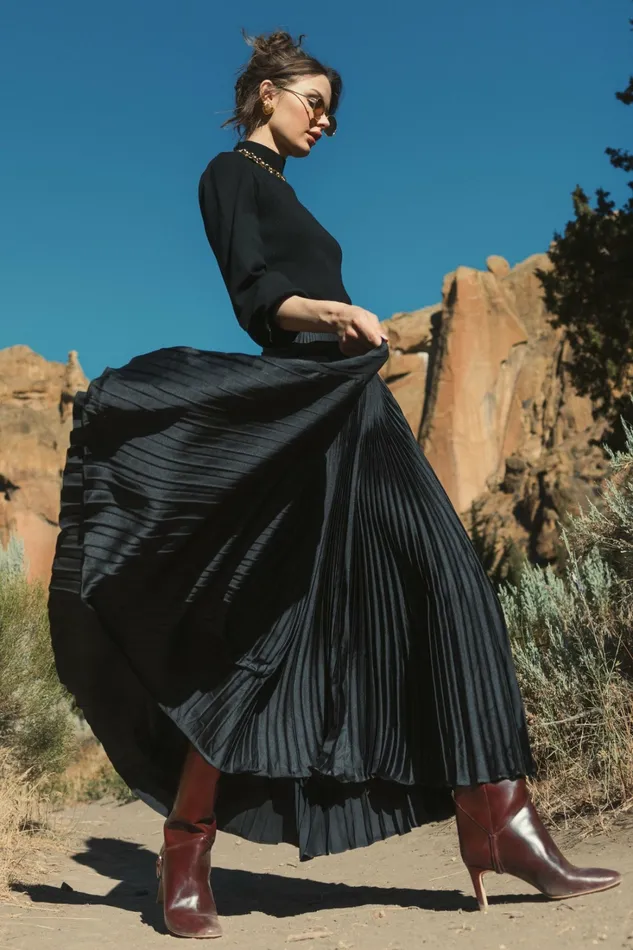 Black Ankle Length Satin Pleated Skirt Black Skirts Mac Duggal Women