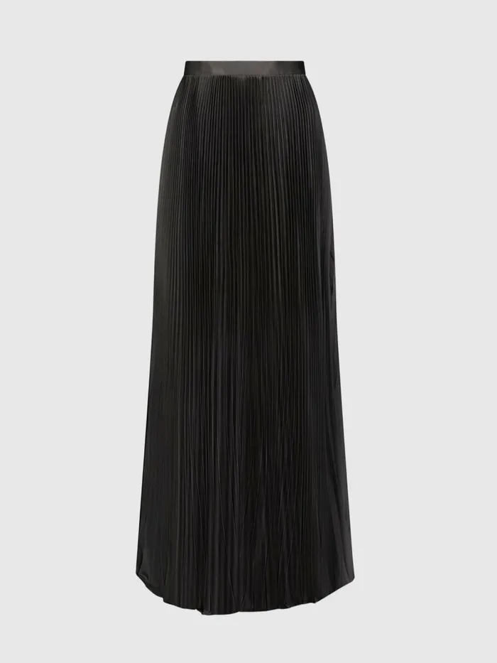 Black Ankle Length Satin Pleated Skirt Black Skirts Mac Duggal Women