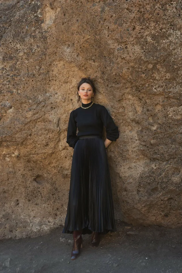 Black Ankle Length Satin Pleated Skirt Black Skirts Mac Duggal Women