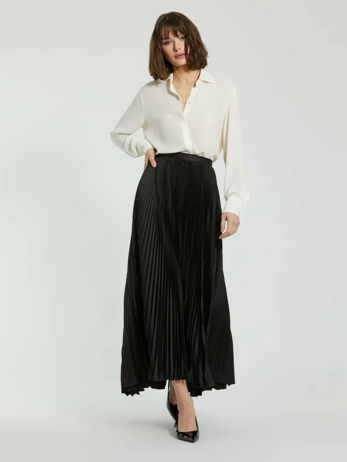Black Ankle Length Satin Pleated Skirt Black Skirts Mac Duggal Women