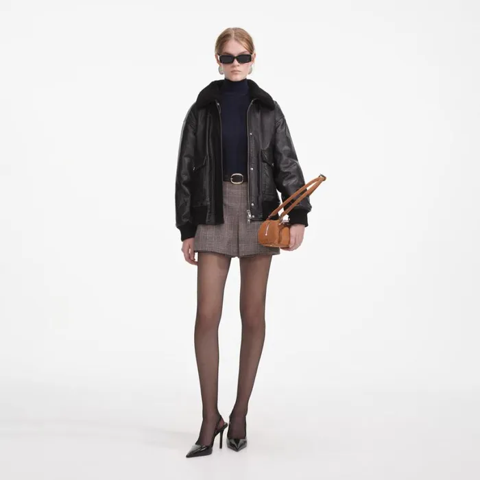 Black Leather Shearling Collar Jacket Women Self Portrait Outerwear Black Leather Shearling Collar Jacket Women Self Portrait Outerwear