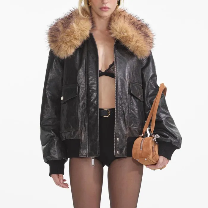Black Leather Shearling Collar Jacket Women Self Portrait Outerwear Black Leather Shearling Collar Jacket Women Self Portrait Outerwear