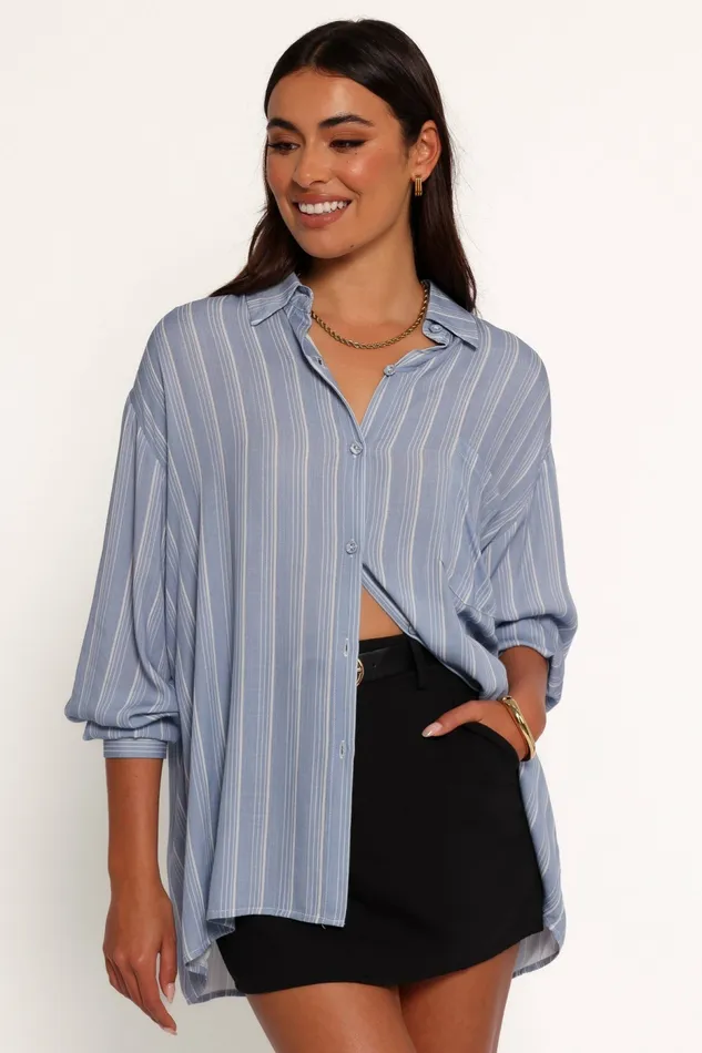Blouses and Shirts Rixo Button Down Top Blue Stripe Petal and Pup Women