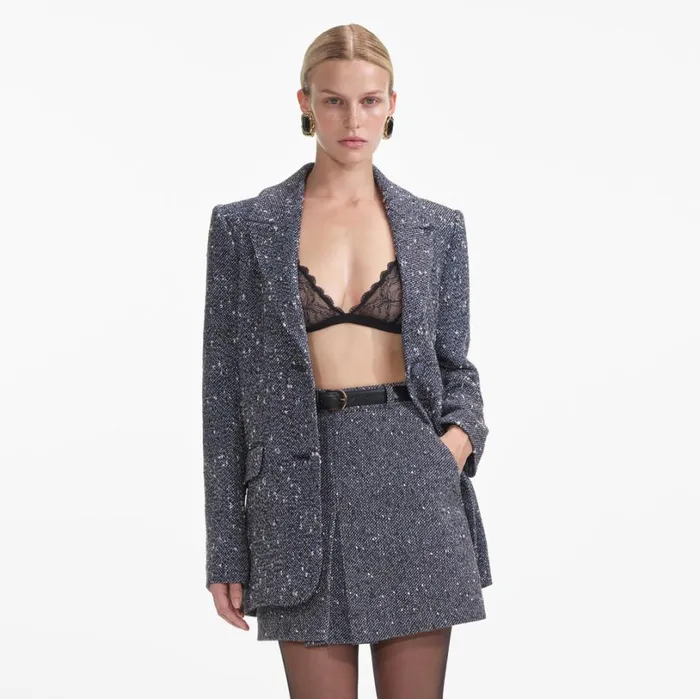 Blue Boucle Blazer Women Self Portrait Outerwear