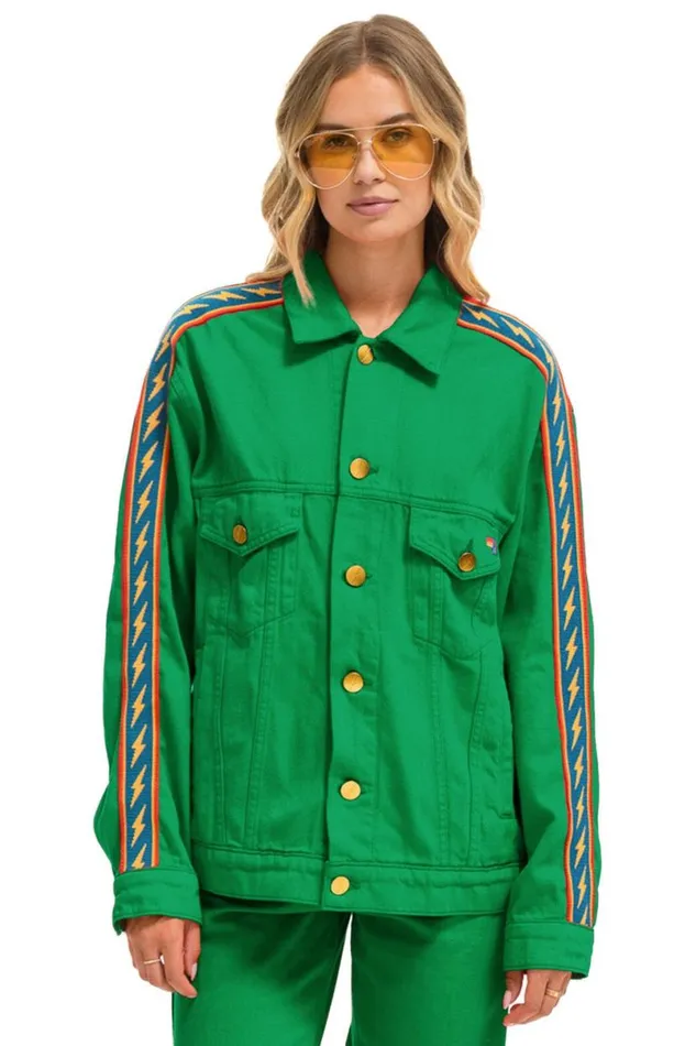 Bolt Stripe Oversized Concert Denim Jacket 8211 Kelly Green WomenMen Aviator Nation Denim Bolt Stripe Oversized Concert Denim Jacket 8211 Kelly Green WomenMen Aviator Nation Denim