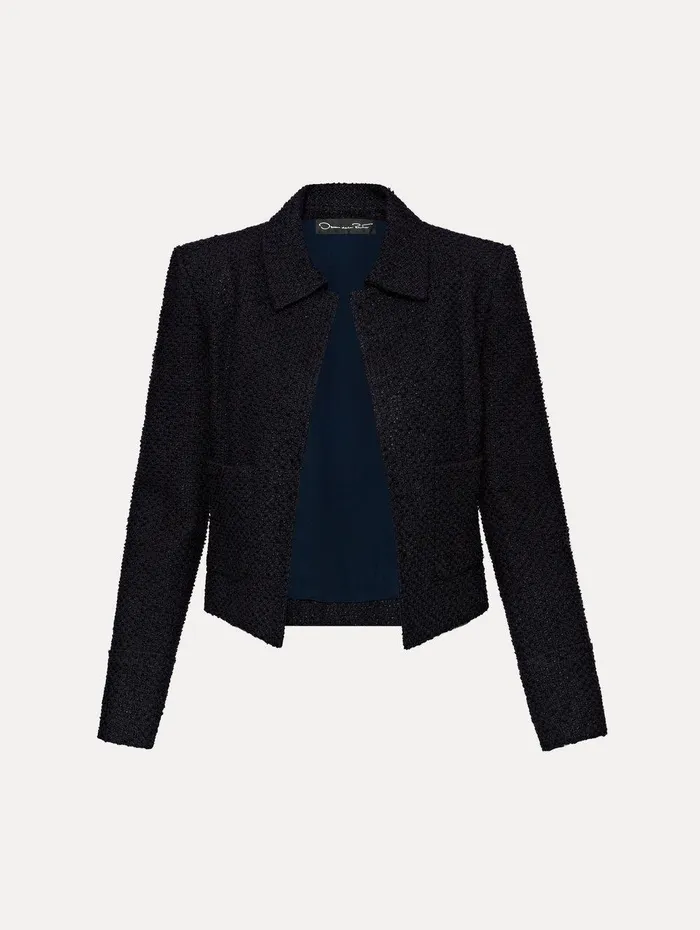 Boucle Tweed Jacket Dark Navy Women Oscar De La Renta Jackets and Coats