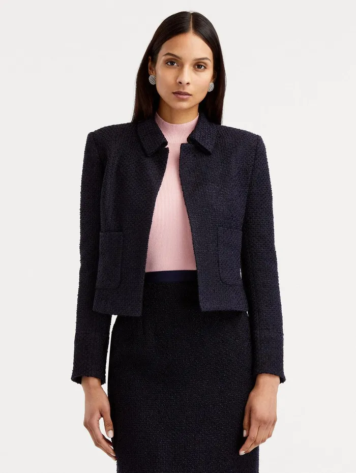 Boucle Tweed Jacket Dark Navy Women Oscar De La Renta Jackets and Coats Boucle Tweed Jacket Dark Navy Women Oscar De La Renta Jackets and Coats
