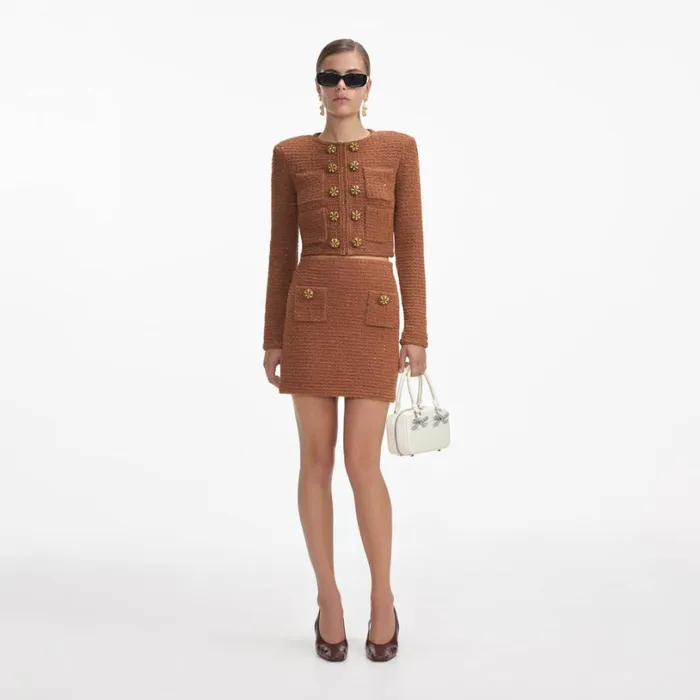 Brown Textured Knit Jacket Women Self Portrait Tops
