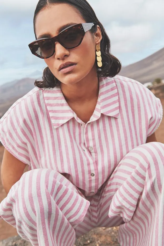 ByBar Blouses Vrouwelijk Bieke Linen Stripe Blouse Bubblegum