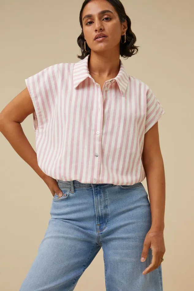 ByBar Blouses Vrouwelijk Bieke Linen Stripe Blouse Bubblegum ByBar Blouses Vrouwelijk Bieke Linen Stripe Blouse Bubblegum